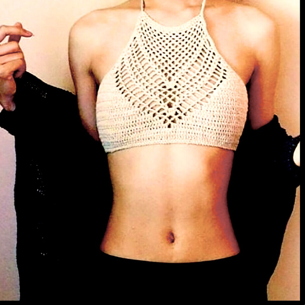 Tan Crochet Bohemian Triangle Halter Top Boho Festival X-Small